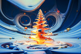 Illustration of vivid color christmas tree in a fantasy landscape. Festive or holiday concept