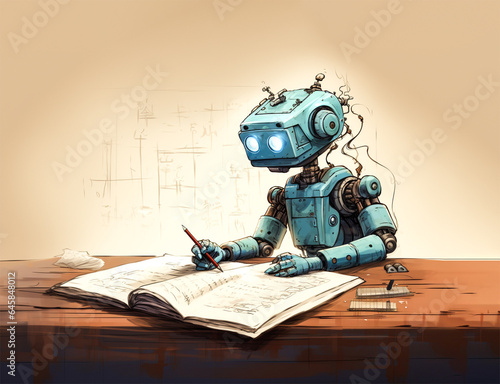Illustration of a robot writing on a notebook. Copy space