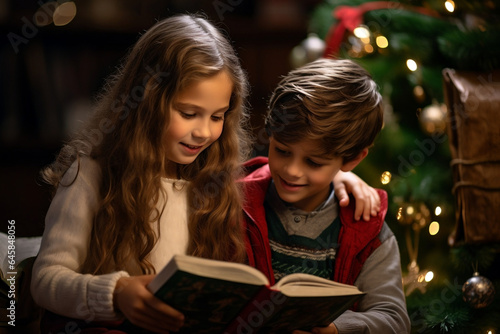 Joyful Children Reading by the Christmas Tree Surrounded by Wrapped Gifts