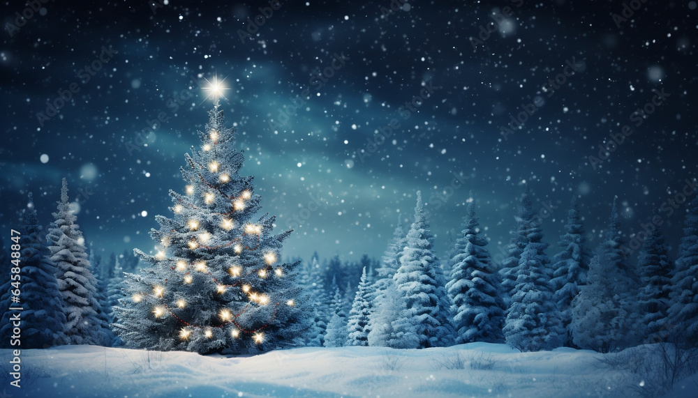 Winter Wonderland, A Majestic Christmas Tree Shrouded in Snow amidst a Enchanted Forest at Night,