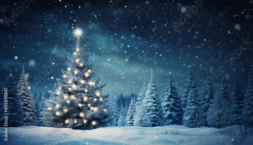 Winter Wonderland, A Majestic Christmas Tree Shrouded in Snow amidst a Enchanted Forest at Night, © Ash