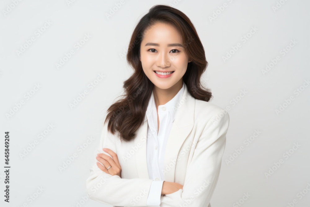 Portrait photography of a Vietnamese woman in her 20s wearing a classic blazer against a white background Portrait photography of a Vietnamese woman in her 20s wearing a classic blazer against a white background