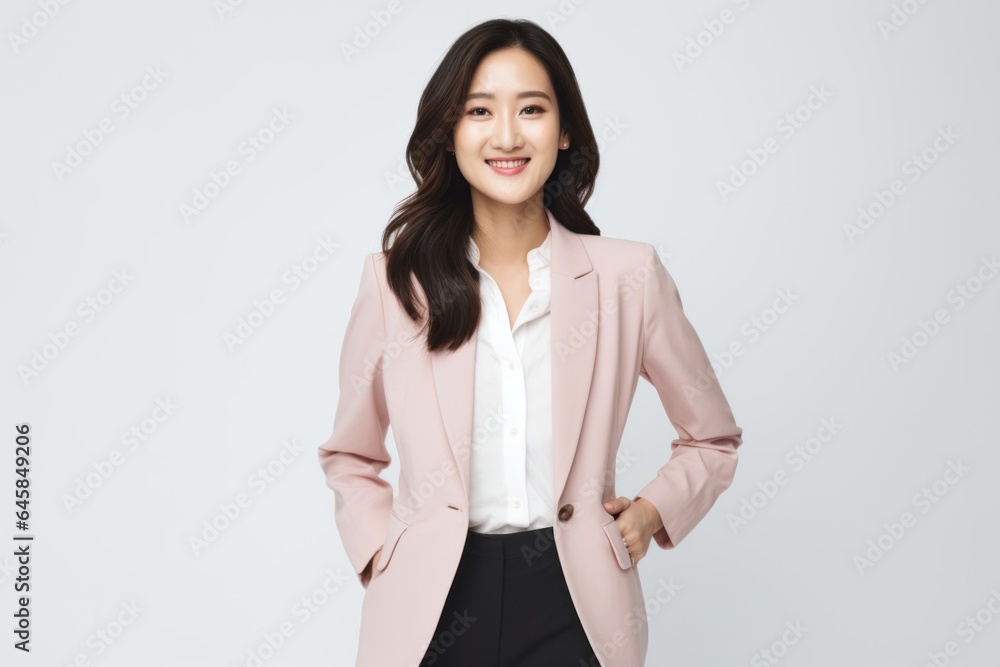 Portrait photography of a Vietnamese woman in her 20s wearing a classic blazer against a white background Portrait photography of a Vietnamese woman in her 20s wearing a classic blazer against a white background