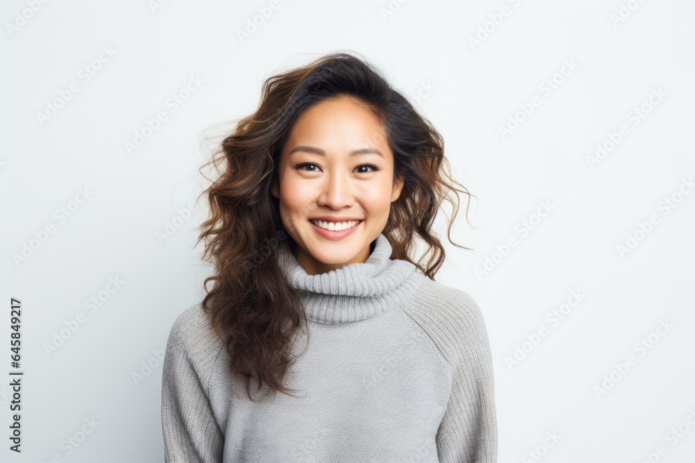 Fototapeta premium Portrait photography of a Vietnamese woman in her 20s wearing a cozy sweater against a white background