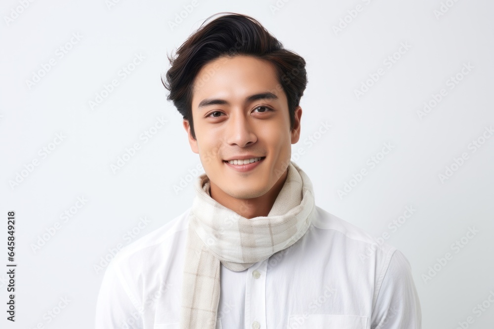 Medium shot portrait photography of a Vietnamese man in his 20s wearing a foulard against a white background Medium shot portrait photography of a Vietnamese man in his 20s wearing a foulard against a white background