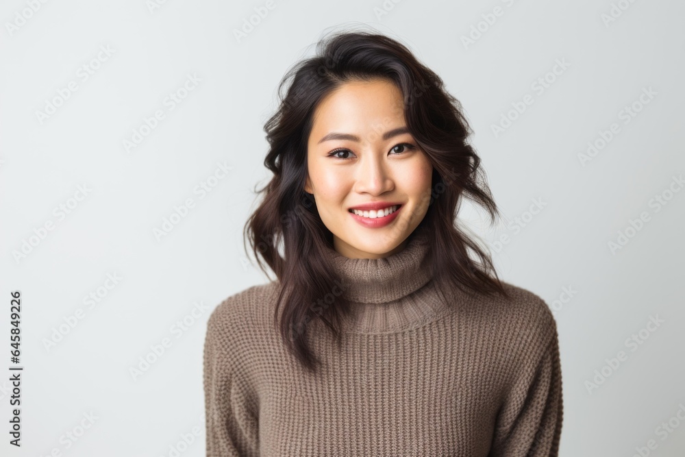 Portrait photography of a Vietnamese woman in her 20s wearing a cozy sweater against a white background Portrait photography of a Vietnamese woman in her 20s wearing a cozy sweater against a white background