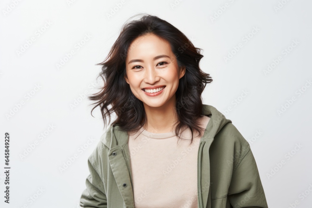 Lifestyle portrait photography of a Vietnamese woman in her 30s wearing a cozy sweater against a white background Lifestyle portrait photography of a Vietnamese woman in her 30s wearing a cozy sweater against a white background