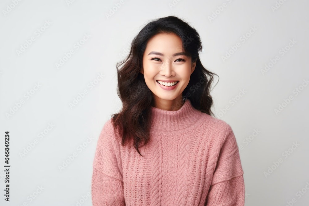 Medium shot portrait photography of a Vietnamese woman in her 30s wearing a cozy sweater against a white background Medium shot portrait photography of a Vietnamese woman in her 30s wearing a cozy sweater against a white background