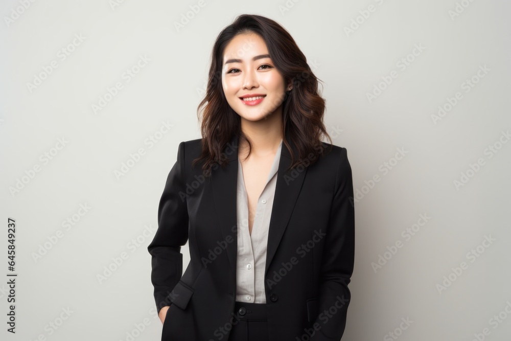 Portrait photography of a Vietnamese woman in her 20s wearing a classic blazer against a white background Portrait photography of a Vietnamese woman in her 20s wearing a classic blazer against a white background