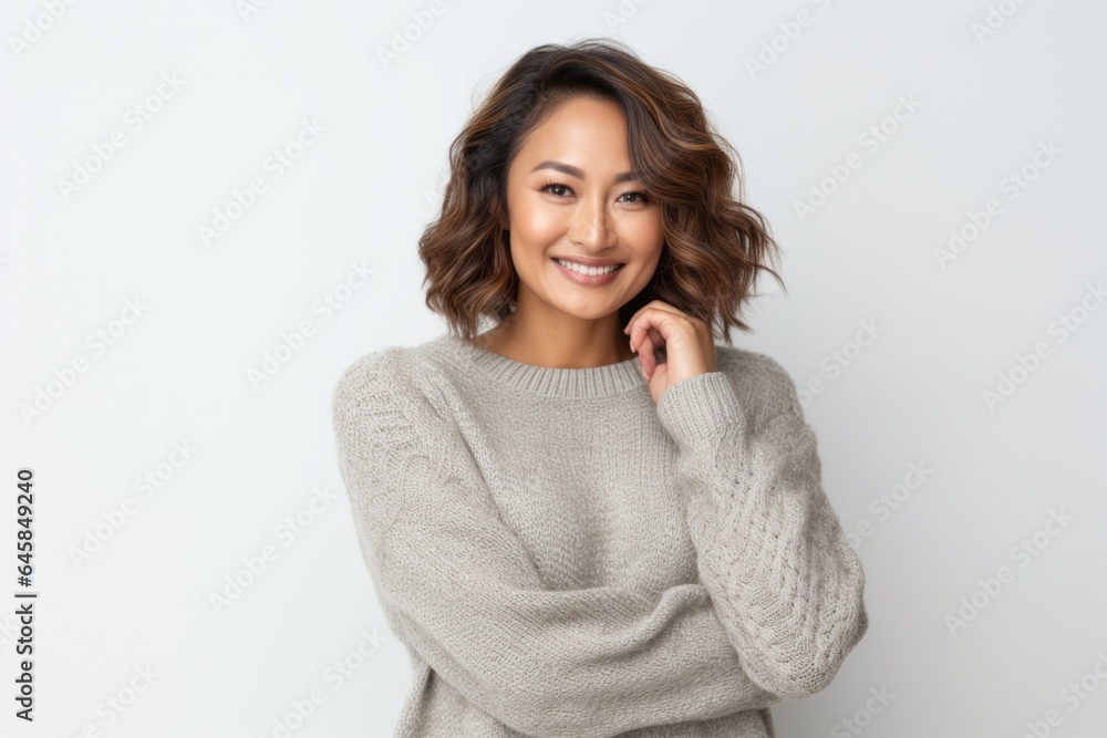 Portrait photography of a Vietnamese woman in her 30s wearing a cozy sweater against a white background Portrait photography of a Vietnamese woman in her 30s wearing a cozy sweater against a white background