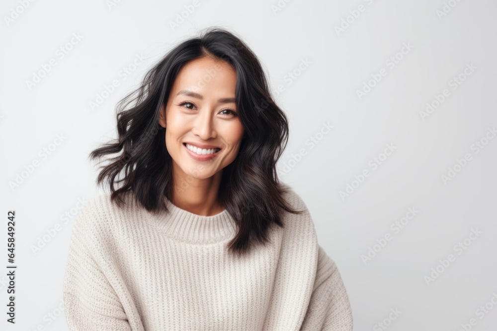 Portrait photography of a Vietnamese woman in her 30s wearing a cozy sweater against a white background Portrait photography of a Vietnamese woman in her 30s wearing a cozy sweater against a white background