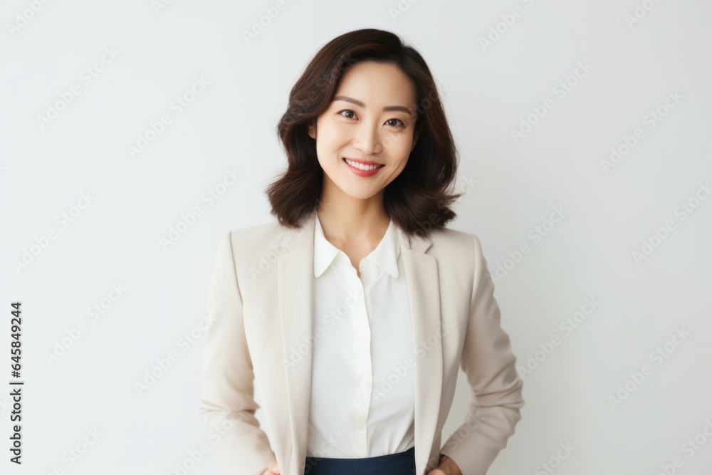 Medium shot portrait photography of a Vietnamese woman in her 30s against a white background Medium shot portrait photography of a Vietnamese woman in her 30s against a white background