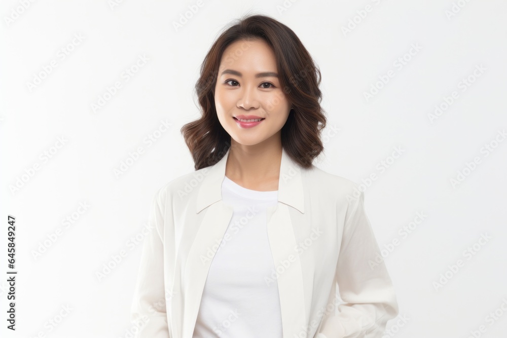 Medium shot portrait photography of a Vietnamese woman in her 30s against a white background Medium shot portrait photography of a Vietnamese woman in her 30s against a white background