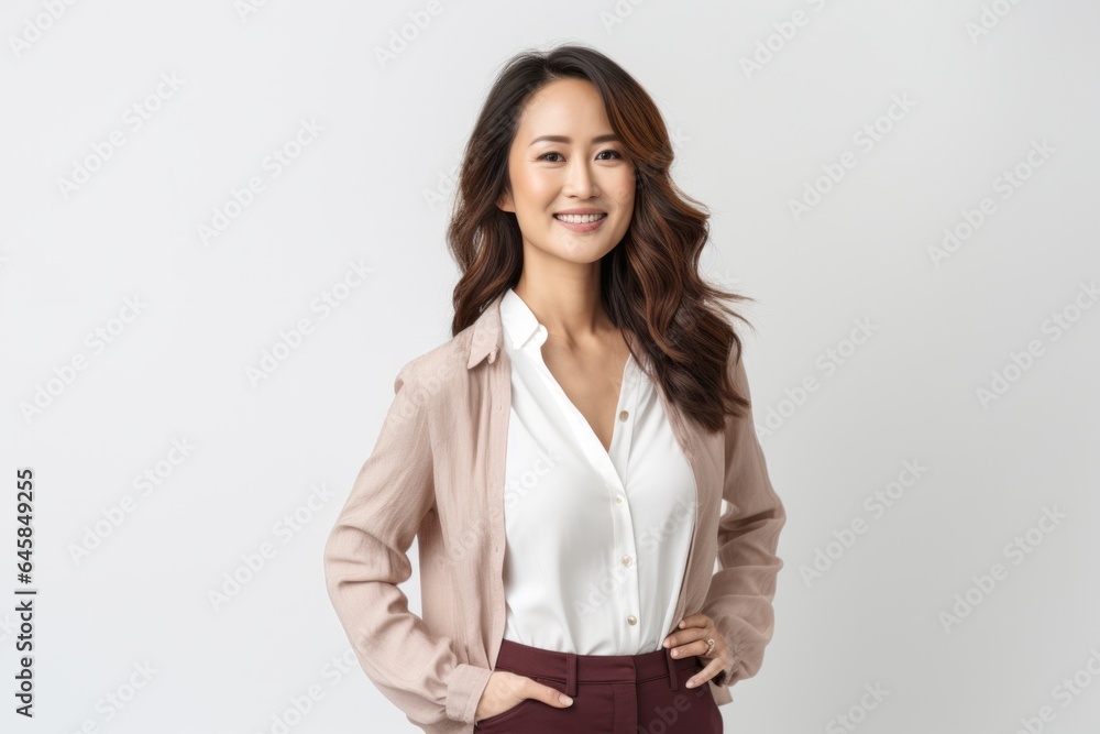 Lifestyle portrait photography of a Vietnamese woman in her 30s against a white background Lifestyle portrait photography of a Vietnamese woman in her 30s against a white background