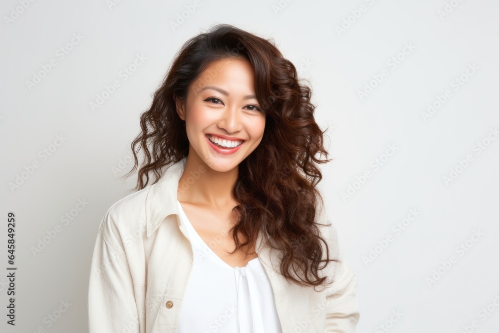 Lifestyle portrait photography of a Vietnamese woman in her 30s against a white background Lifestyle portrait photography of a Vietnamese woman in her 30s against a white background