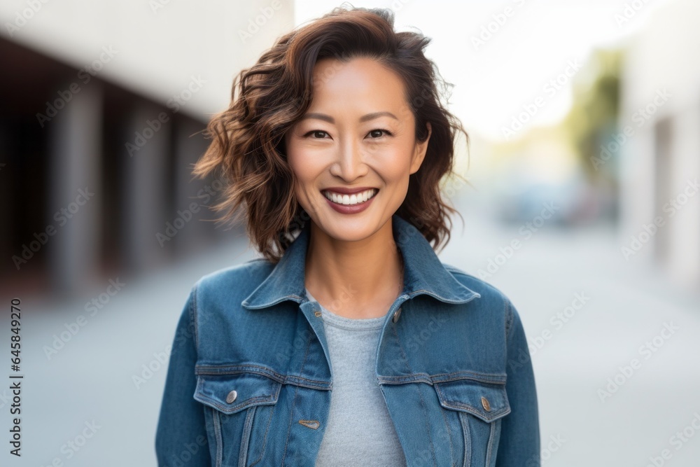 Portrait photography of a Vietnamese woman in her 30s wearing a denim jacket against a white background Portrait photography of a Vietnamese woman in her 30s wearing a denim jacket against a white background
