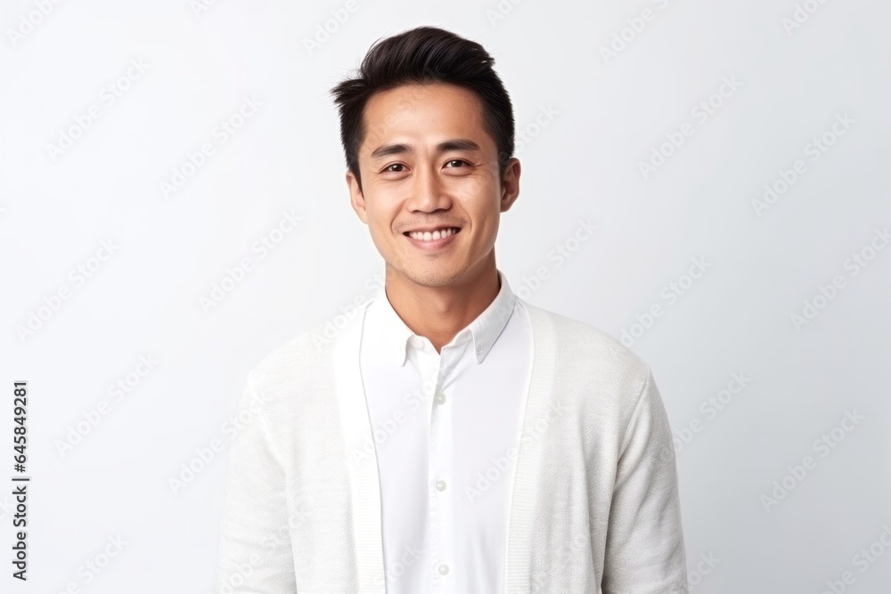 Medium shot portrait photography of a Vietnamese man in his 30s against a white background Medium shot portrait photography of a Vietnamese man in his 30s against a white background