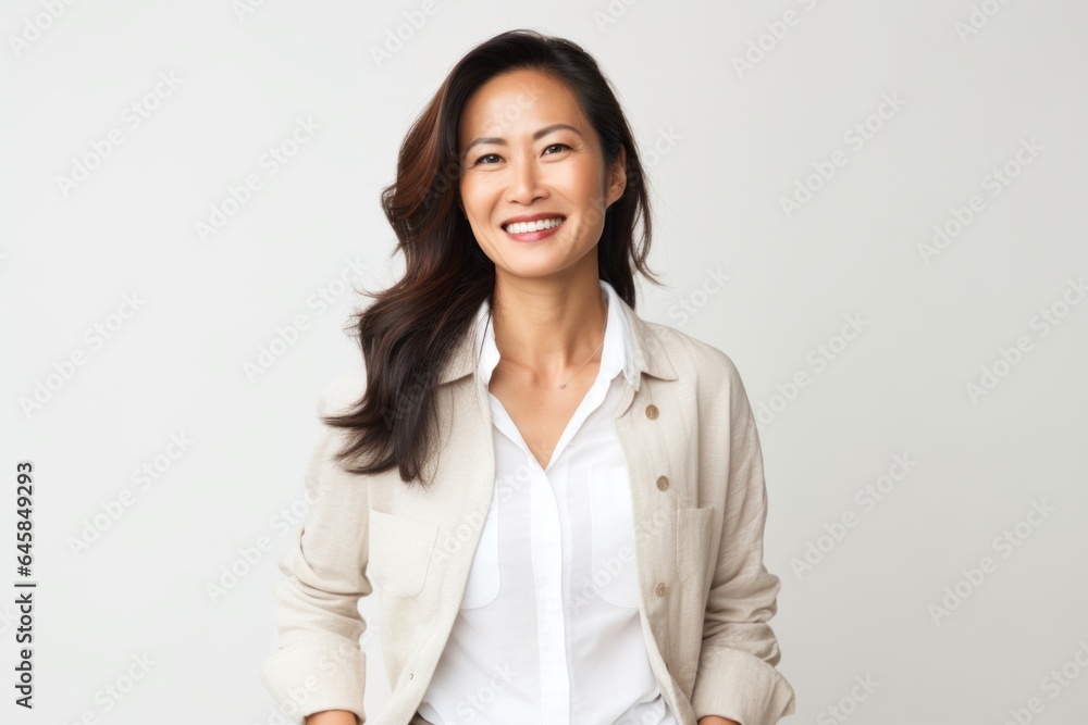 Lifestyle portrait photography of a Vietnamese woman in her 40s against a white background Lifestyle portrait photography of a Vietnamese woman in her 40s against a white background