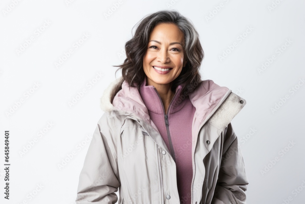 Lifestyle portrait photography of a Vietnamese woman in her 50s wearing a warm parka against a white background Lifestyle portrait photography of a Vietnamese woman in her 50s wearing a warm parka against a white background