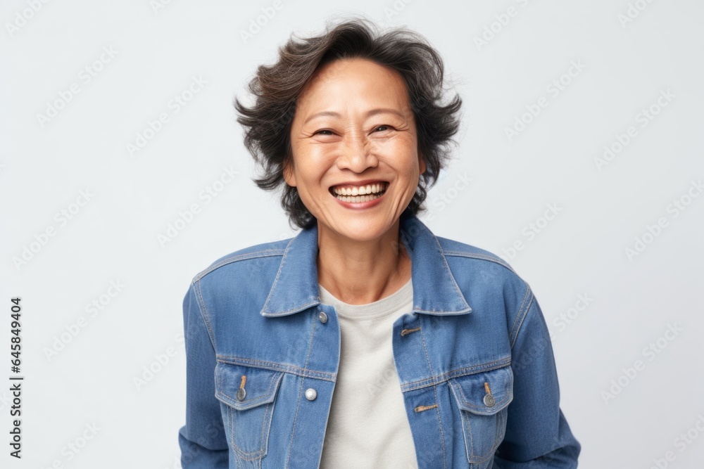Medium shot portrait photography of a Vietnamese woman in her 50s wearing a denim jacket against a white background Medium shot portrait photography of a Vietnamese woman in her 50s wearing a denim jacket against a white background