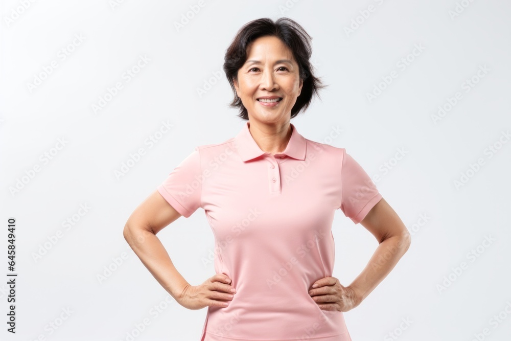 Medium shot portrait photography of a Vietnamese woman in her 50s wearing a sporty polo shirt against a white background Medium shot portrait photography of a Vietnamese woman in her 50s wearing a sporty polo shirt against a white background