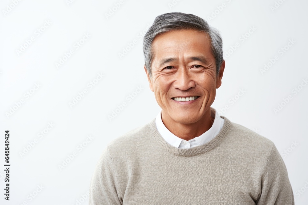 Portrait photography of a Vietnamese man in his 50s wearing a cozy sweater against a white background Portrait photography of a Vietnamese man in his 50s wearing a cozy sweater against a white background