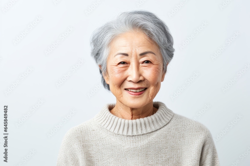 Portrait photography of a Vietnamese woman in her 90s wearing a cozy sweater against a white background Portrait photography of a Vietnamese woman in her 90s wearing a cozy sweater against a white background