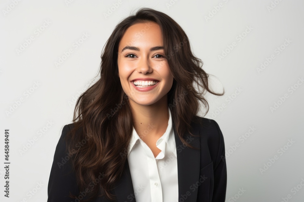 Portrait photography of a Peruvian woman in her 20s wearing a classic blazer against a white background Portrait photography of a Peruvian woman in her 20s wearing a classic blazer against a white background