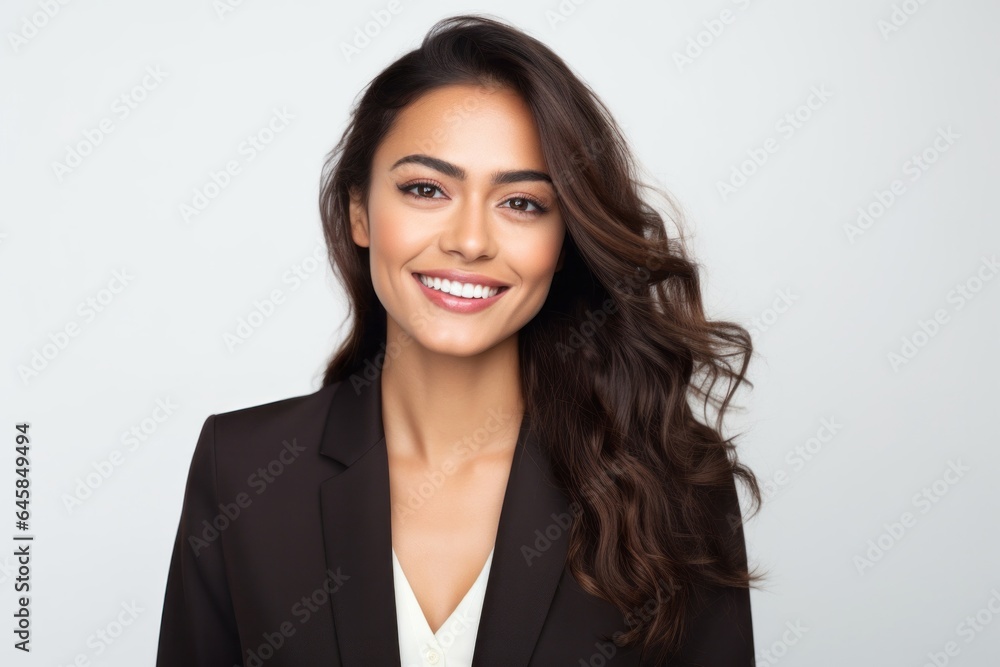 Portrait photography of a Peruvian woman in her 20s wearing a classic blazer against a white background Portrait photography of a Peruvian woman in her 20s wearing a classic blazer against a white background