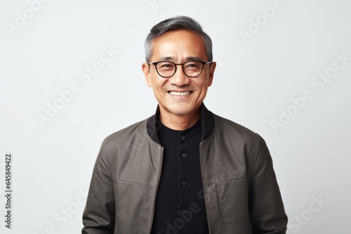 Medium shot portrait photography of a Vietnamese man in his 50s against a white background