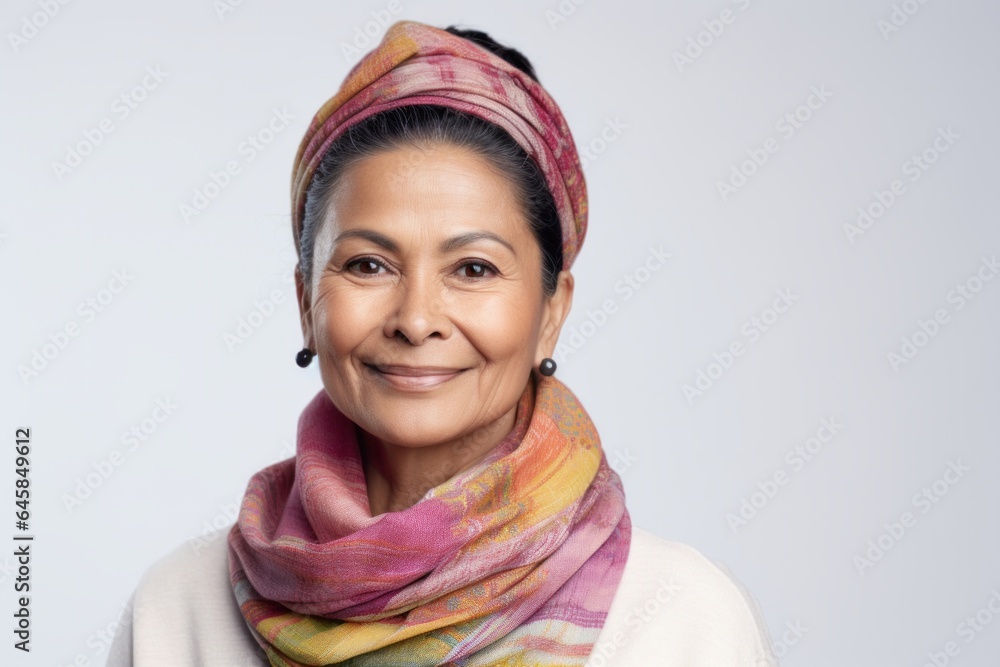 Portrait photography of a Peruvian woman in her 50s wearing a foulard against a white background Portrait photography of a Peruvian woman in her 50s wearing a foulard against a white background