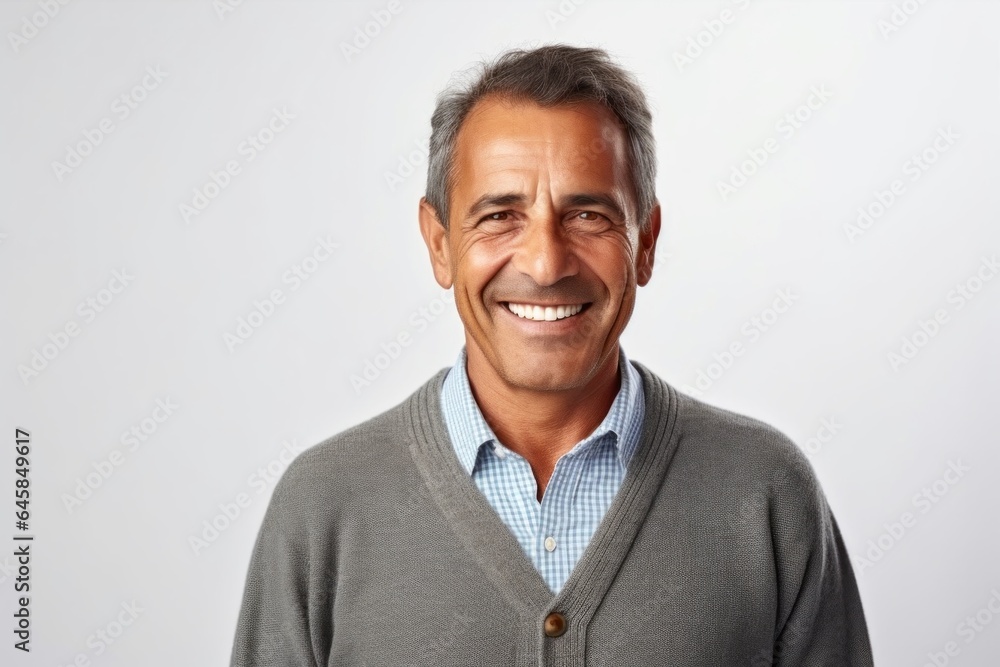 Medium shot portrait photography of a Peruvian man in his 50s against a white background Medium shot portrait photography of a Peruvian man in his 50s against a white background