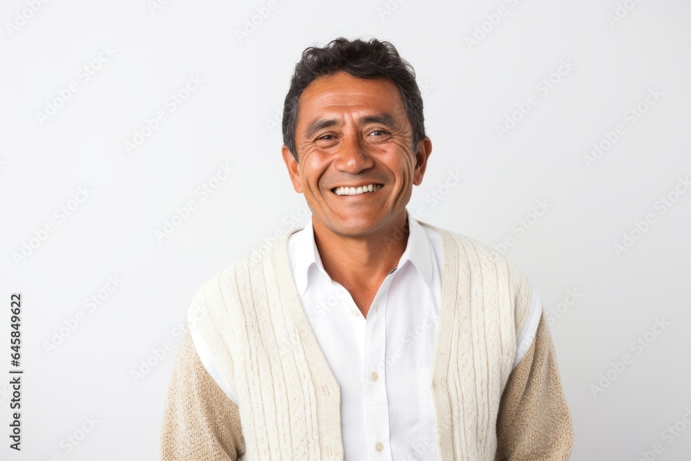 Portrait photography of a Peruvian man in his 50s against a white background Portrait photography of a Peruvian man in his 50s against a white background