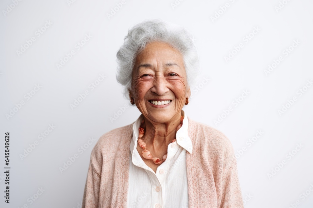 Medium shot portrait photography of a Peruvian woman in her 90s against a white background Medium shot portrait photography of a Peruvian woman in her 90s against a white background