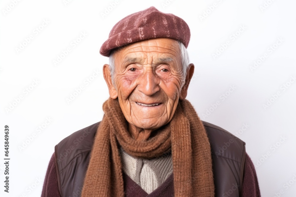 Medium shot portrait photography of a Peruvian man in his 90s wearing a foulard against a white background Medium shot portrait photography of a Peruvian man in his 90s wearing a foulard against a white background