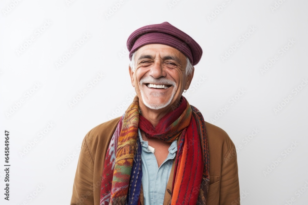 Fototapeta premium Lifestyle portrait photography of a Peruvian man in his 60s wearing a foulard against a white background
