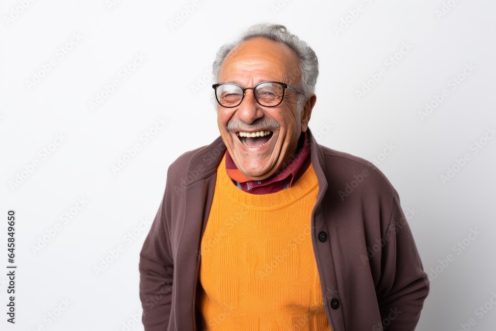 Group portrait photography of a Peruvian man in his 80s against a white background Group portrait photography of a Peruvian man in his 80s against a white background