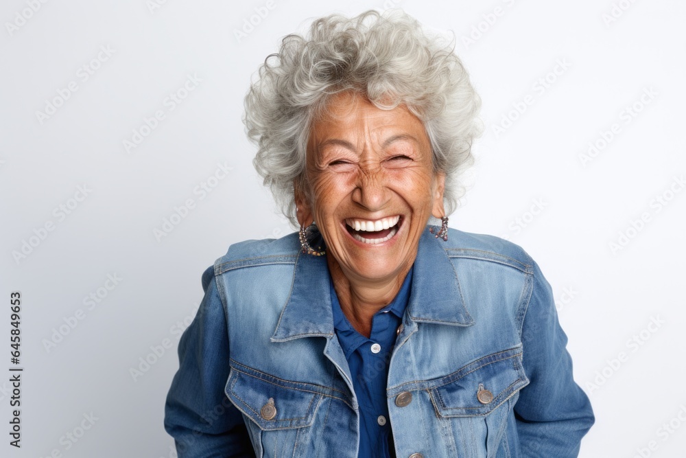 Portrait photography of a 100-year-old elderly Peruvian woman wearing a denim jacket against a white background Portrait photography of a 100-year-old elderly Peruvian woman wearing a denim jacket against a white background