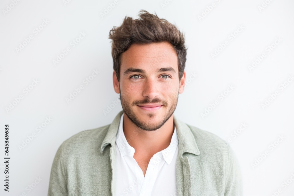 Medium shot portrait photography of a French man in his 20s against a white background Medium shot portrait photography of a French man in his 20s against a white background