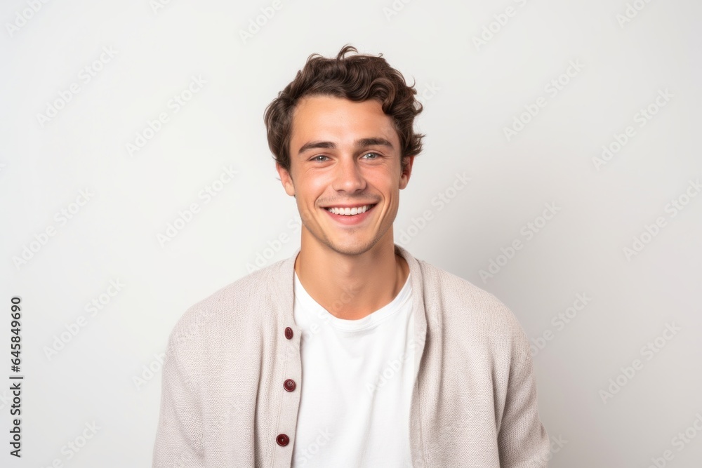 Medium shot portrait photography of a French man in his 20s against a white background Medium shot portrait photography of a French man in his 20s against a white background