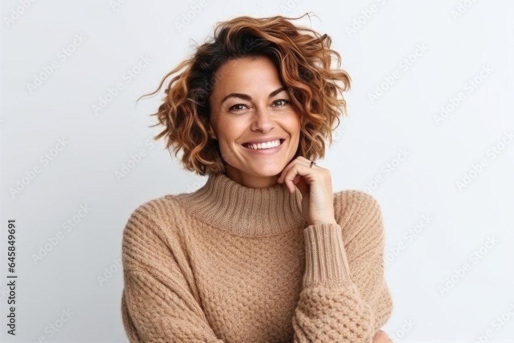 Medium shot portrait photography of a French woman in her 30s wearing a cozy sweater against a white background Medium shot portrait photography of a French woman in her 30s wearing a cozy sweater against a white background
