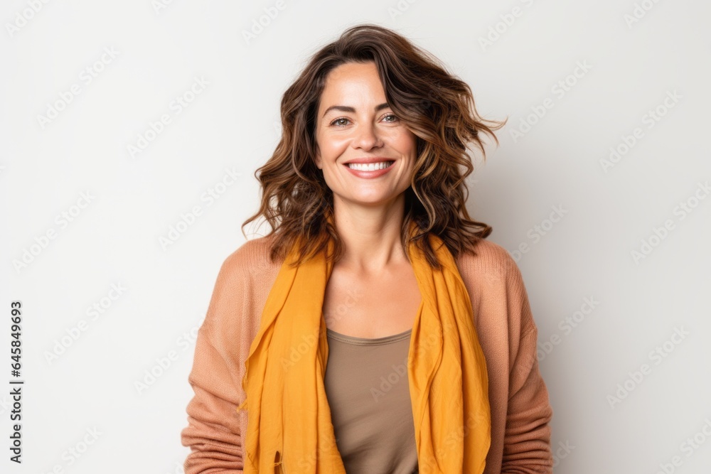 Portrait photography of a French woman in her 30s against a white background Portrait photography of a French woman in her 30s against a white background