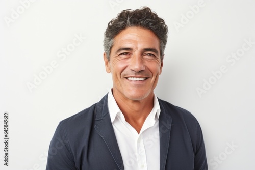 Portrait photography of a Peruvian man in his 50s against a white background