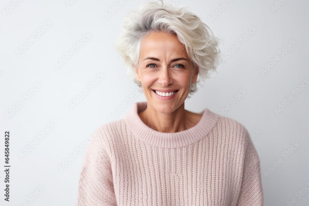 Medium shot portrait photography of a French woman in her 50s wearing a cozy sweater against a white background Medium shot portrait photography of a French woman in her 50s wearing a cozy sweater against a white background