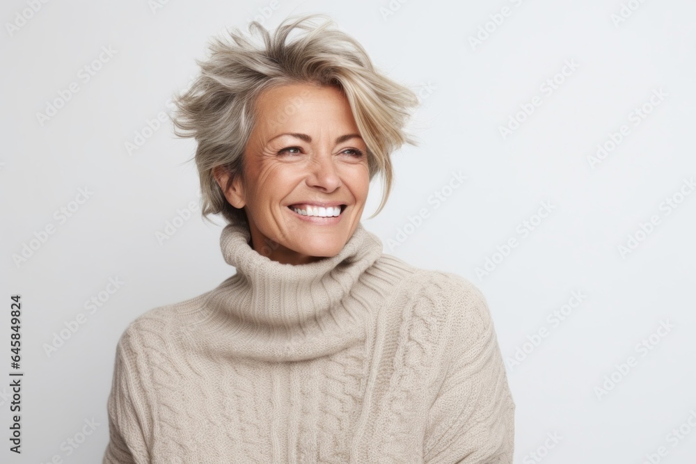 Medium shot portrait photography of a French woman in her 50s wearing a cozy sweater against a white background Medium shot portrait photography of a French woman in her 50s wearing a cozy sweater against a white background