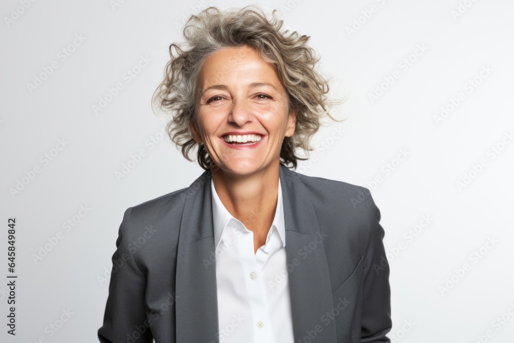 Group portrait photography of a French woman in her 50s wearing a classic blazer against a white background Group portrait photography of a French woman in her 50s wearing a classic blazer against a white background