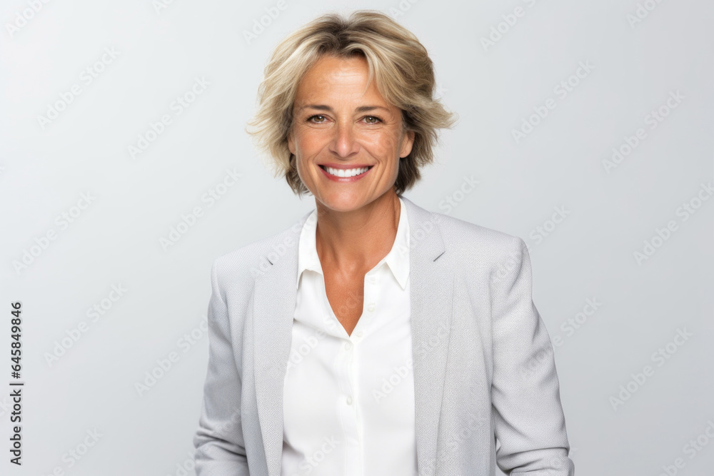 Group portrait photography of a French woman in her 50s wearing a classic blazer against a white background Group portrait photography of a French woman in her 50s wearing a classic blazer against a white background