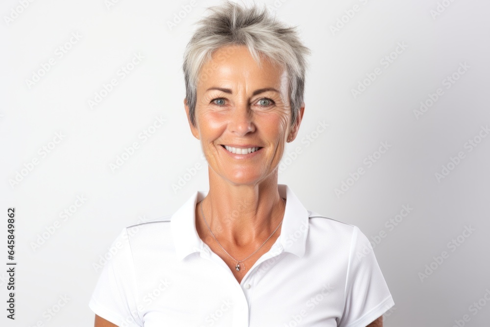 Group portrait photography of a French woman in her 60s wearing a sporty polo shirt against a white background Group portrait photography of a French woman in her 60s wearing a sporty polo shirt against a white background