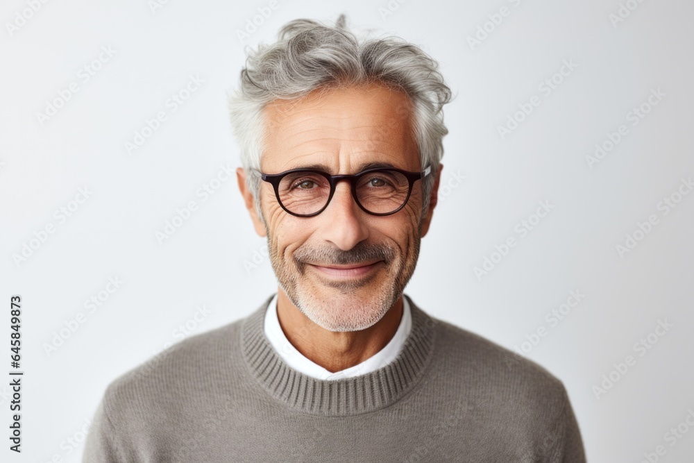 Medium shot portrait photography of a French man in his 60s against a white background