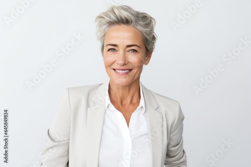 Group portrait photography of a French woman in her 50s wearing a classic blazer against a white background